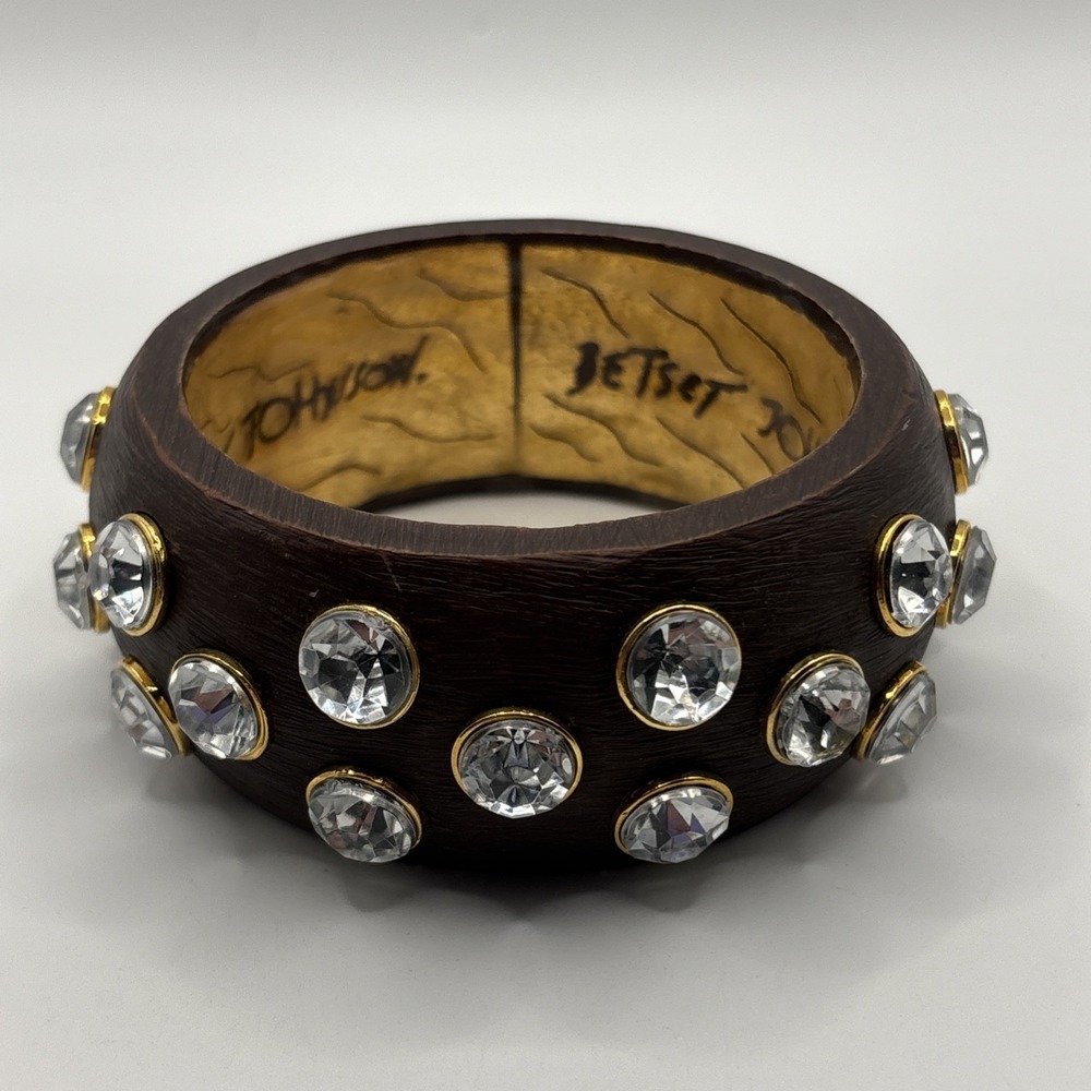 Vintage Betsey Johnson Faux Wood Bangle Bracelet Wide Rhinestones